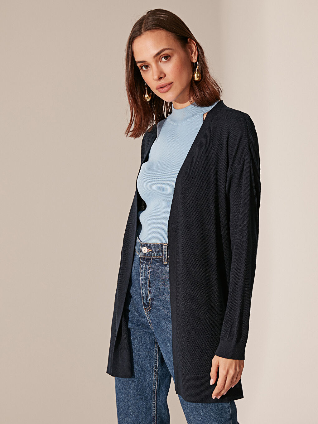 Lacivert Uzun Kollu Kadın İnce Triko Hırka-2