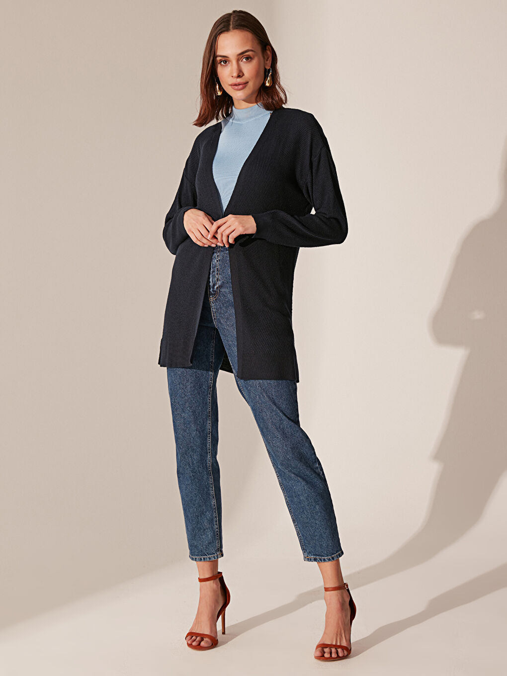 Lacivert Uzun Kollu Kadın İnce Triko Hırka-3