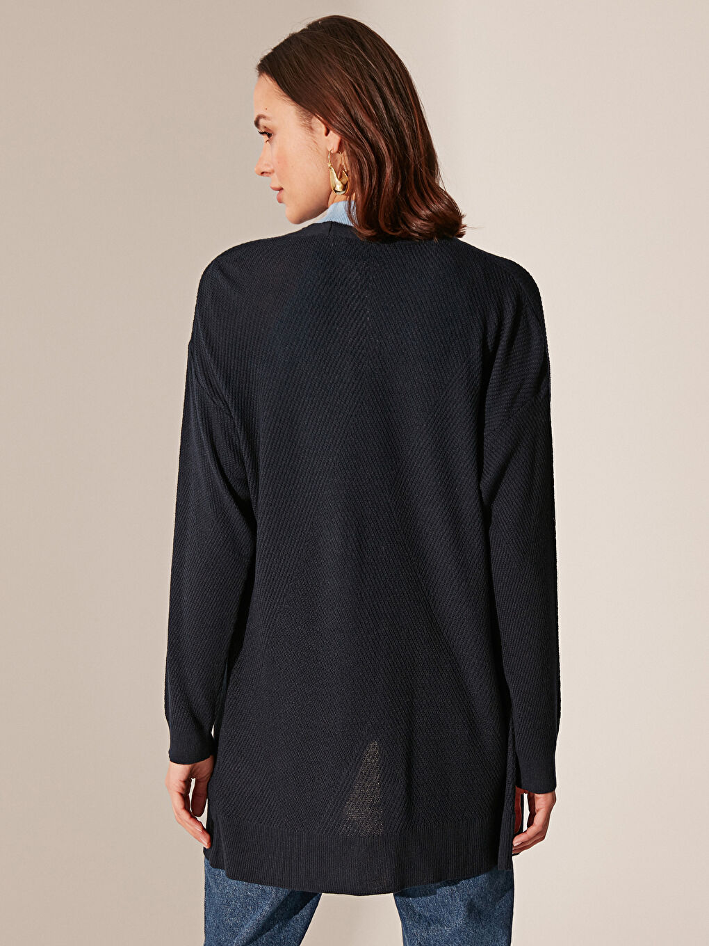 Lacivert Uzun Kollu Kadın İnce Triko Hırka-4