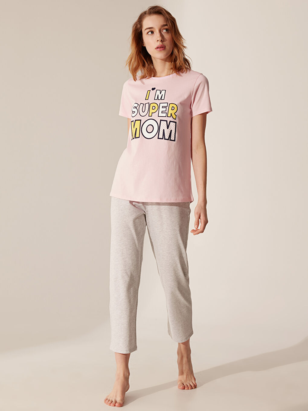 Gri Bisiklet Yaka Kısa Kollu Kadın Pijama Takım-5