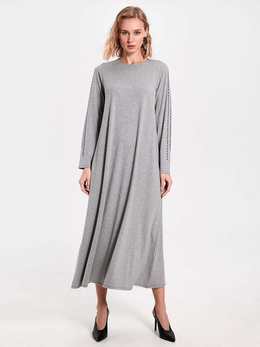 Gri Standart Fit Uzun Kollu Penye Kadın Elbise