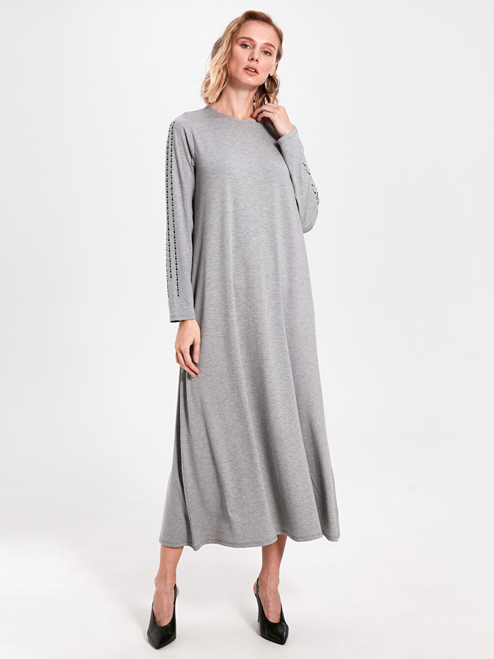 Gri Standart Fit Uzun Kollu Penye Kadın Elbise-1
