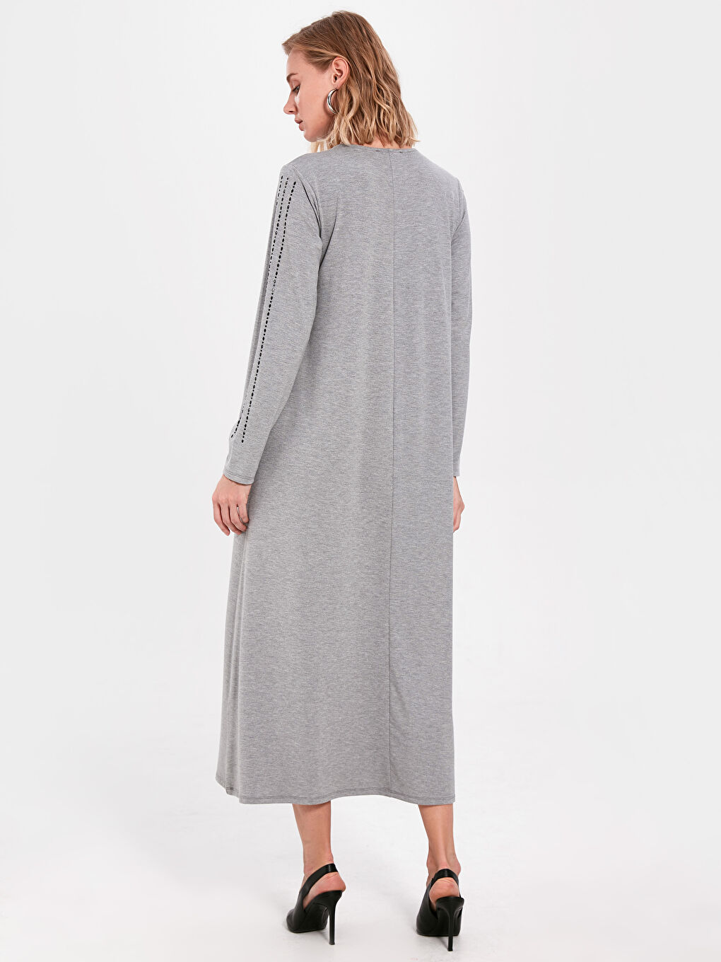 Gri Standart Fit Uzun Kollu Penye Kadın Elbise-2