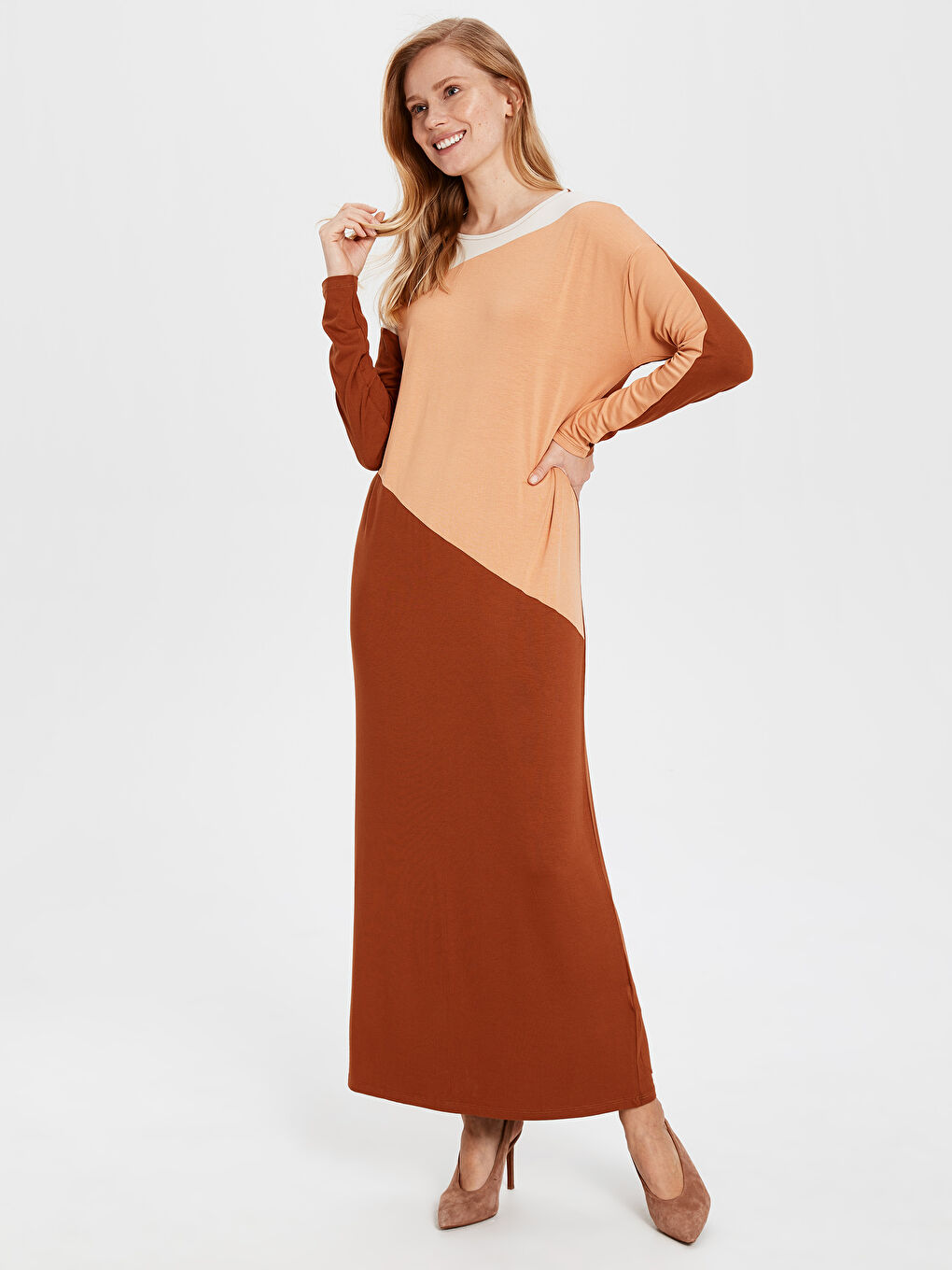 Kahverengi Rahat Kalıp Uzun Kollu Penye Kadın Elbise-2
