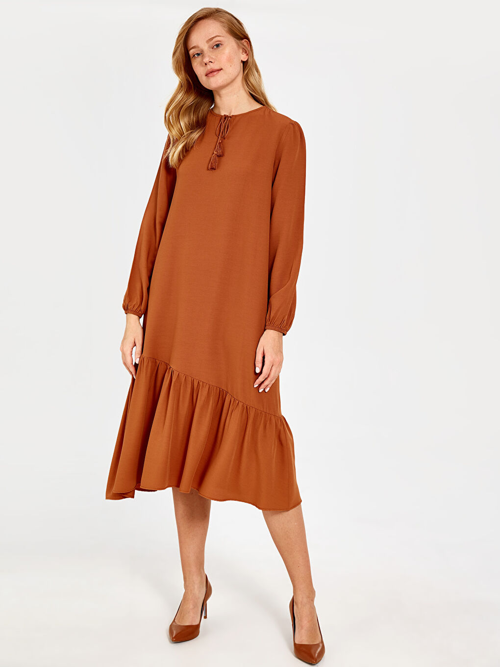 Kahverengi Standart Fit Uzun Kollu Kadın Elbise