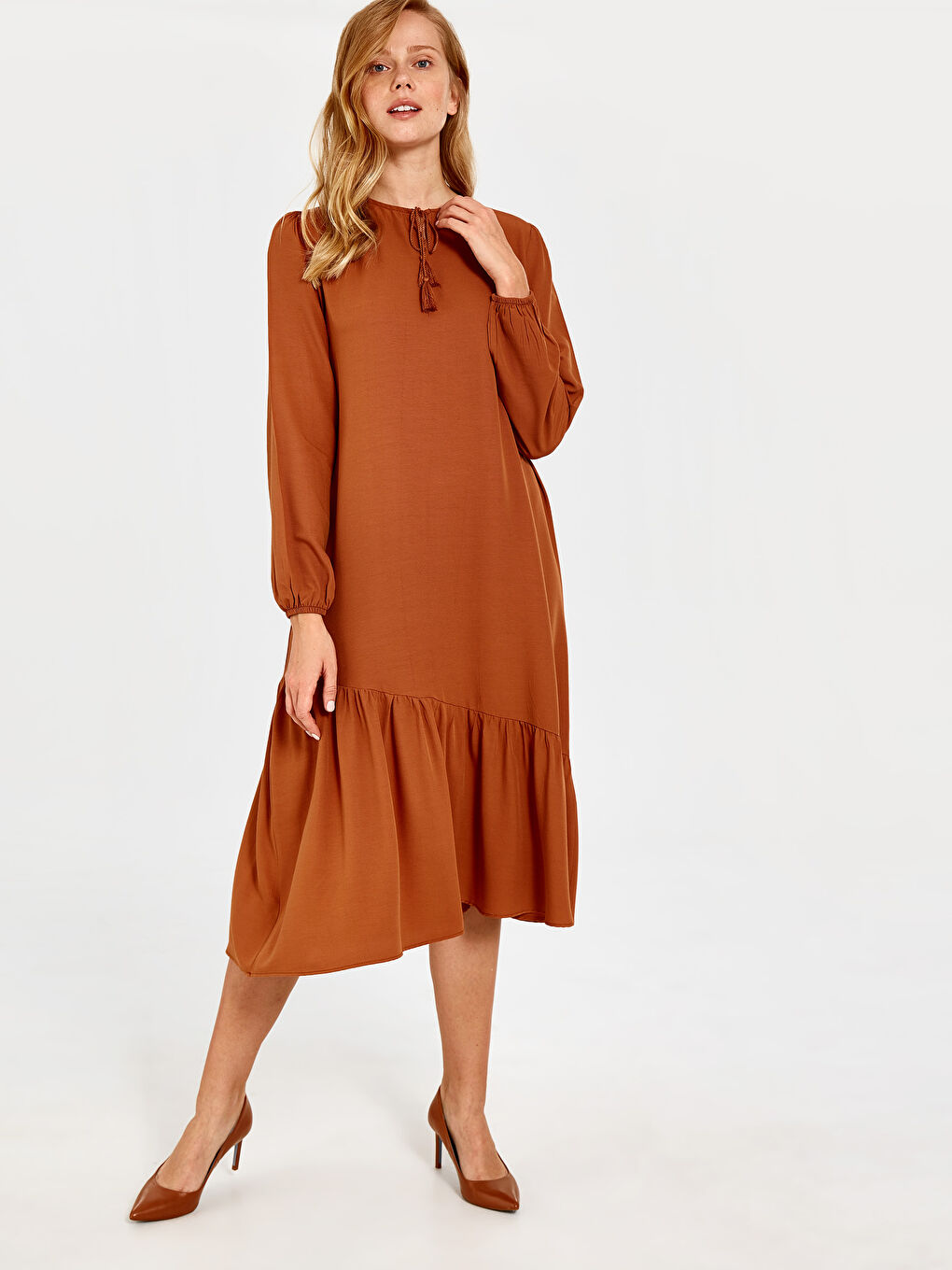 Kahverengi Standart Fit Uzun Kollu Kadın Elbise-1