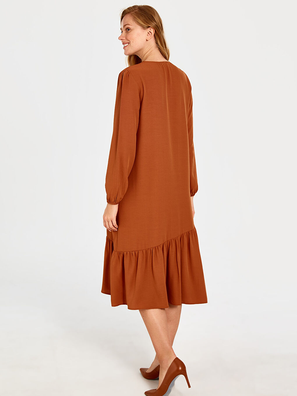 Kahverengi Standart Fit Uzun Kollu Kadın Elbise-2