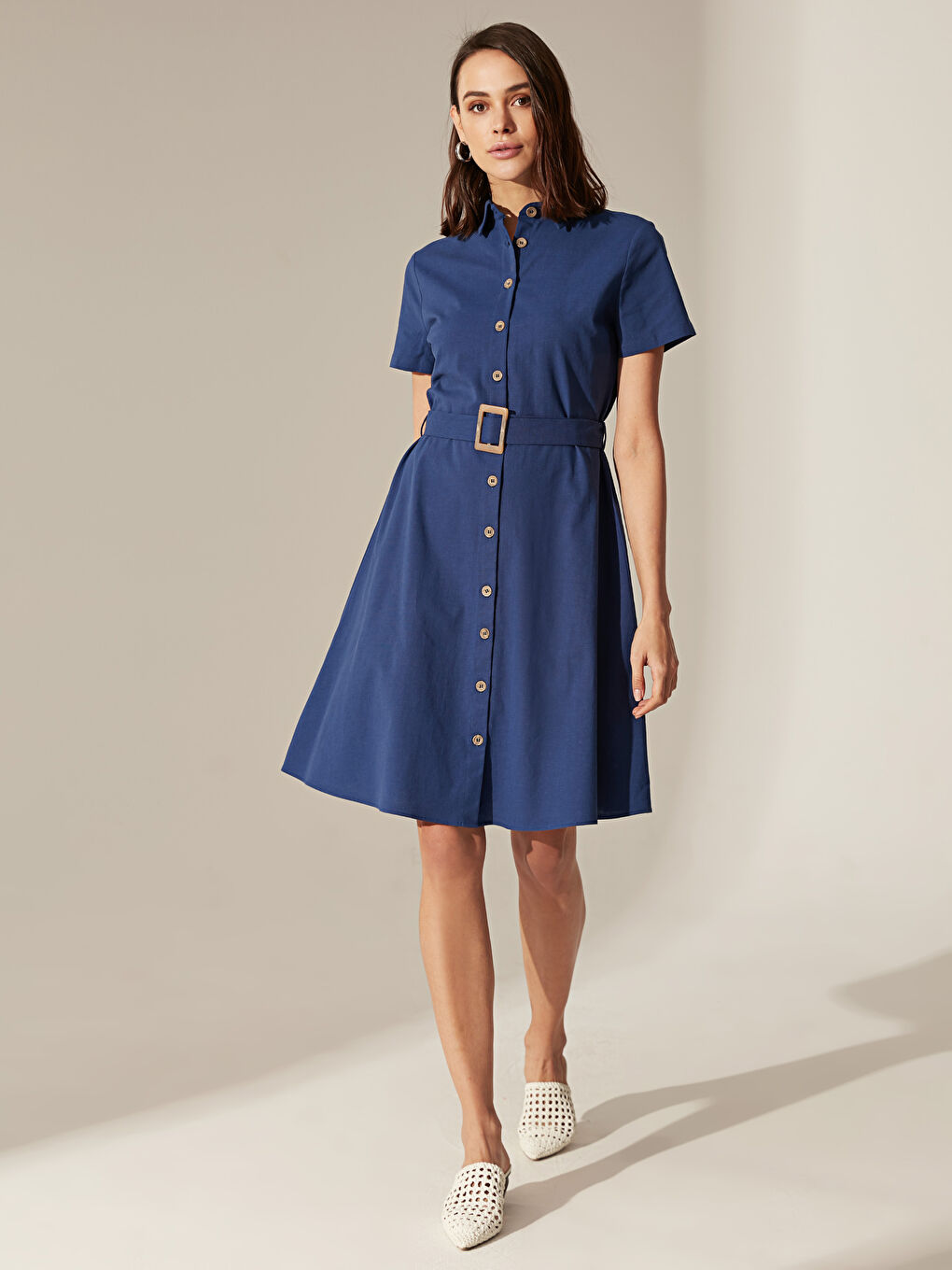 Lacivert Kuşaklı Kloş Kadın Gömlek Gömlek Elbise