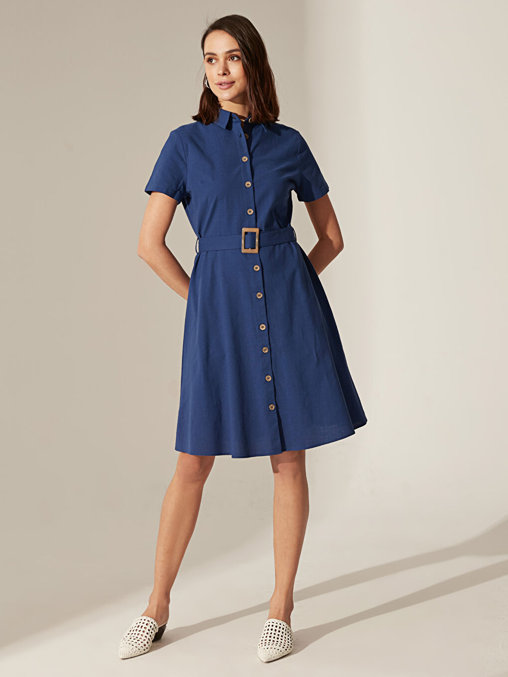Lacivert Kuşaklı Kloş Kadın Gömlek Gömlek Elbise-2