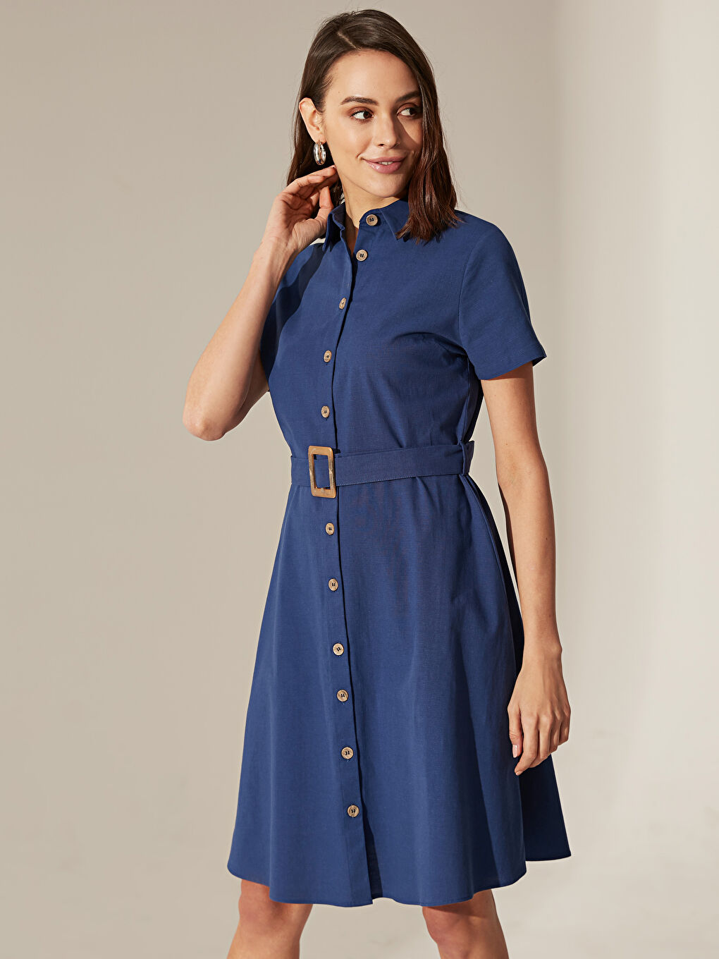 Lacivert Kuşaklı Kloş Kadın Gömlek Gömlek Elbise-3