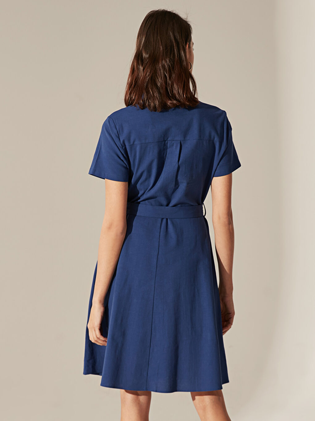 Lacivert Kuşaklı Kloş Kadın Gömlek Gömlek Elbise-4