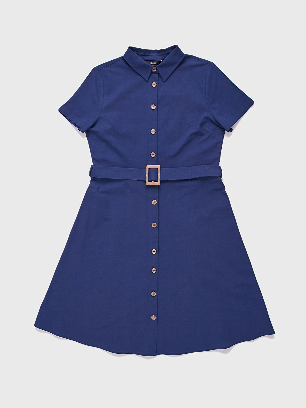 Lacivert Kuşaklı Kloş Kadın Gömlek Gömlek Elbise-6
