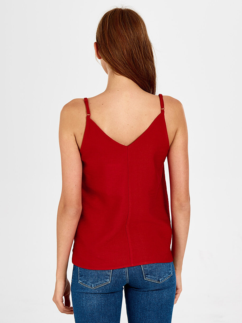 Kırmızı V Yaka Düz Askılı Kadın Bluz-2