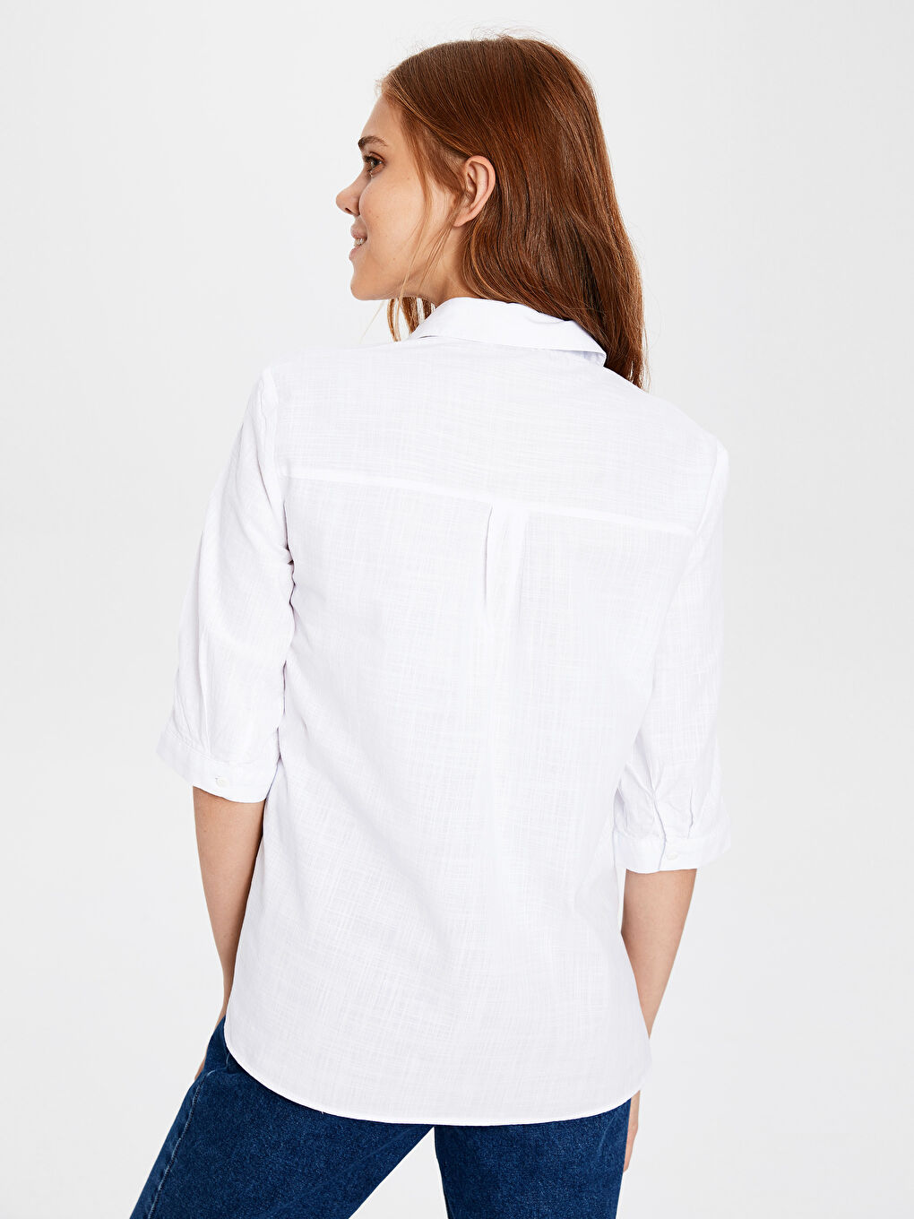 Beyaz Rahat Kalıp Uzun Kollu Poplin Kadın Gömlek-2