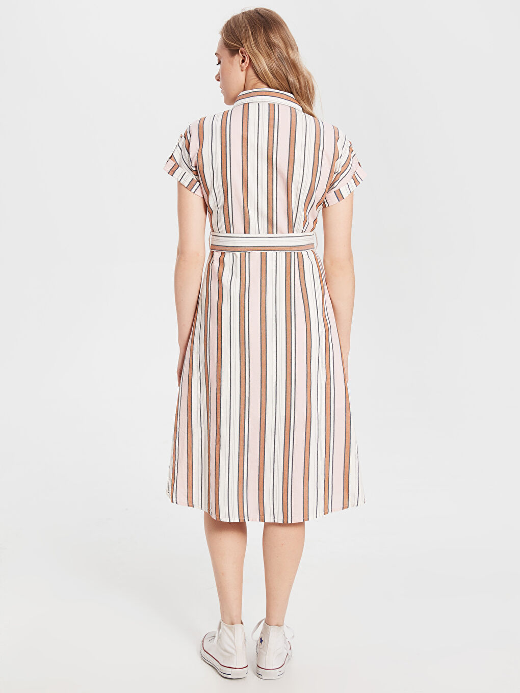 Pembe Standart Fit Kısa Kollu Poplin Kadın Gömlek Elbise-3