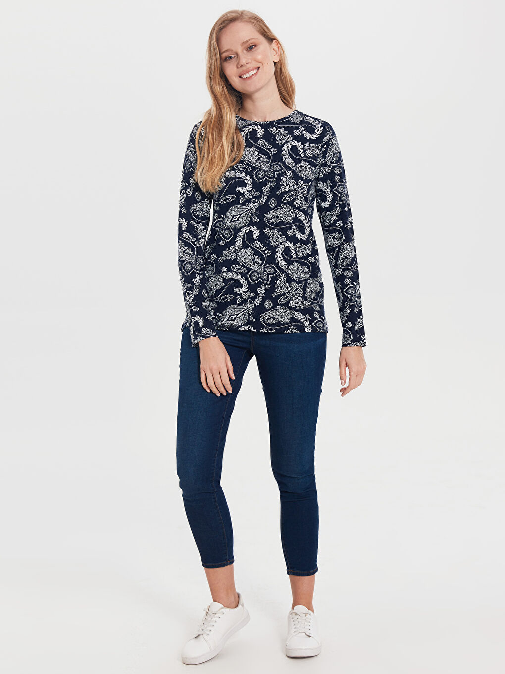 Lacivert Uzun Kollu Bisiklet Yaka Tişört-2