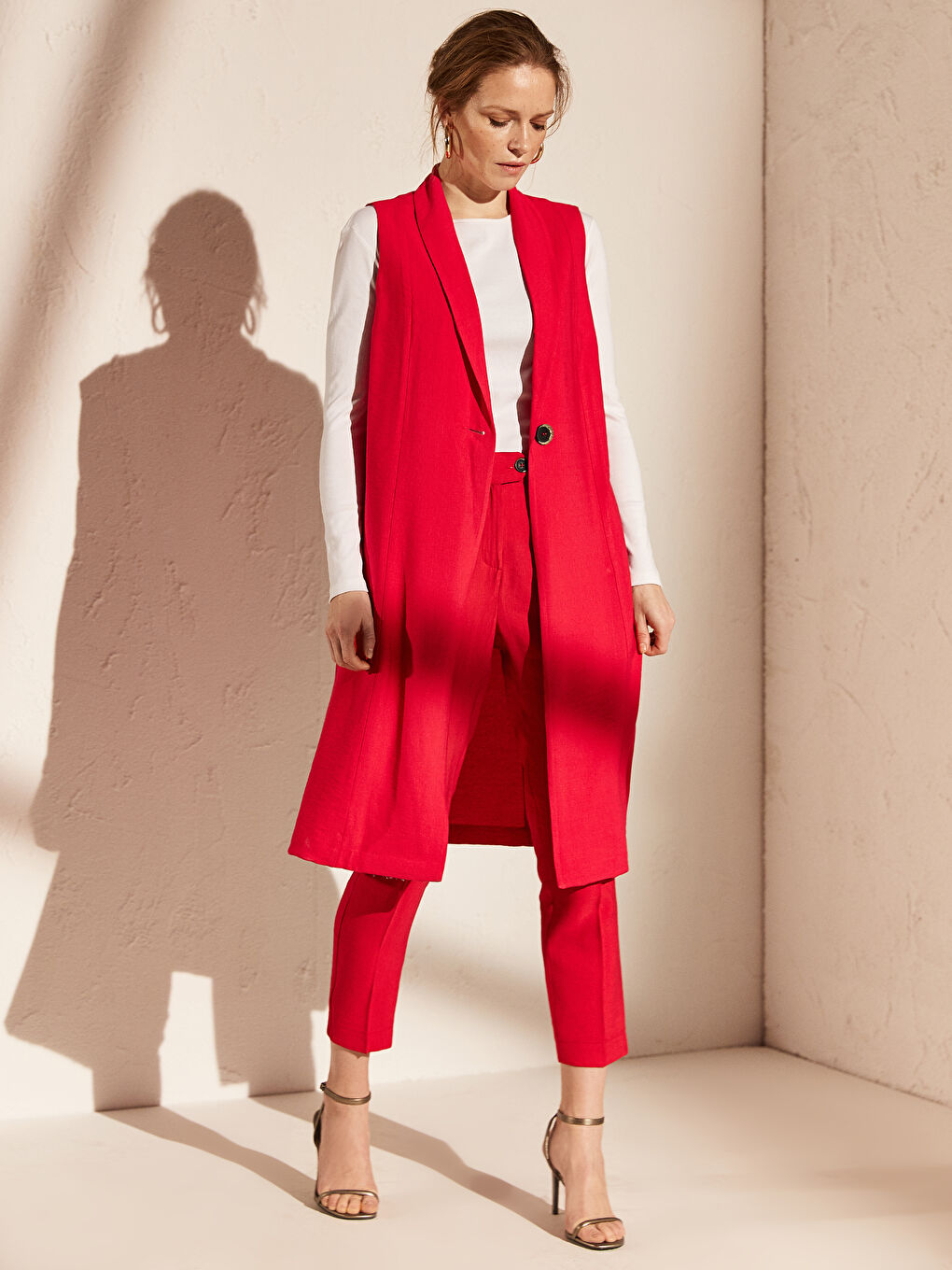 Pembe Kadın Ceket Yaka Düz Kolsuz Tunik-1