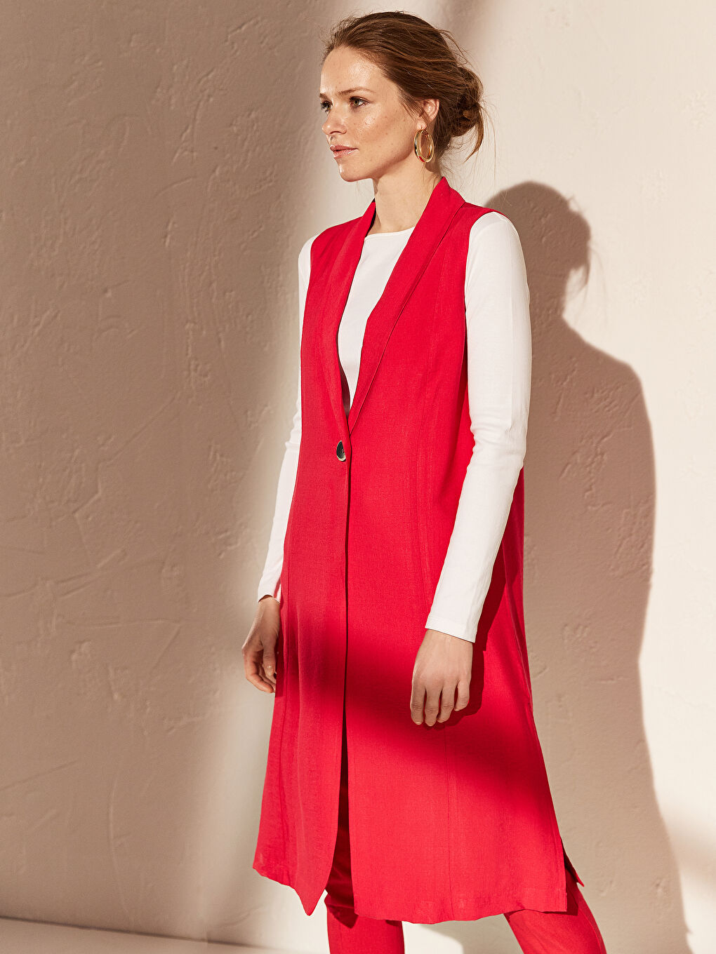 Pembe Kadın Ceket Yaka Düz Kolsuz Tunik-2