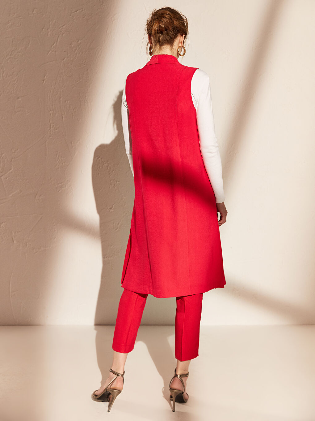 Pembe Kadın Ceket Yaka Düz Kolsuz Tunik-3