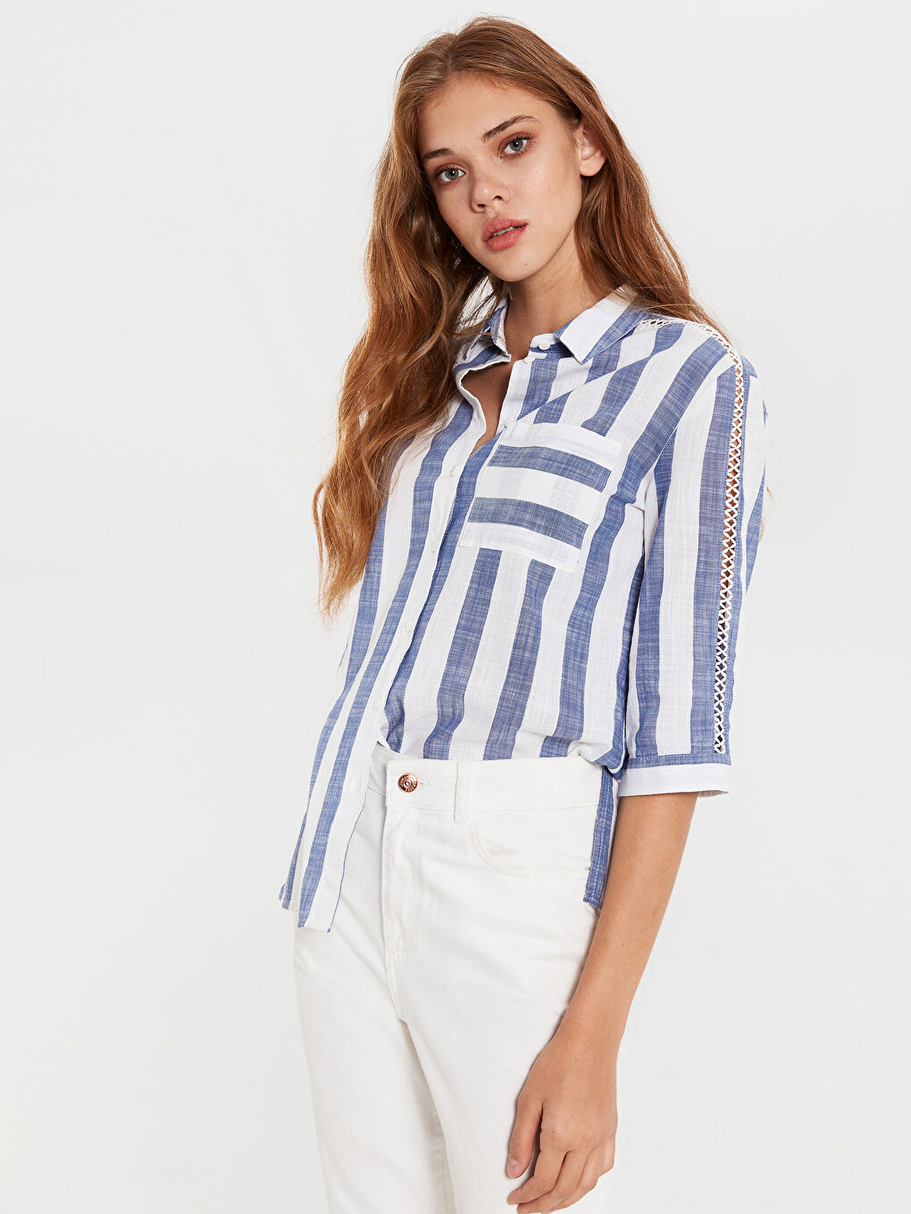 Mavi Çizgili Poplin Gömlek-5