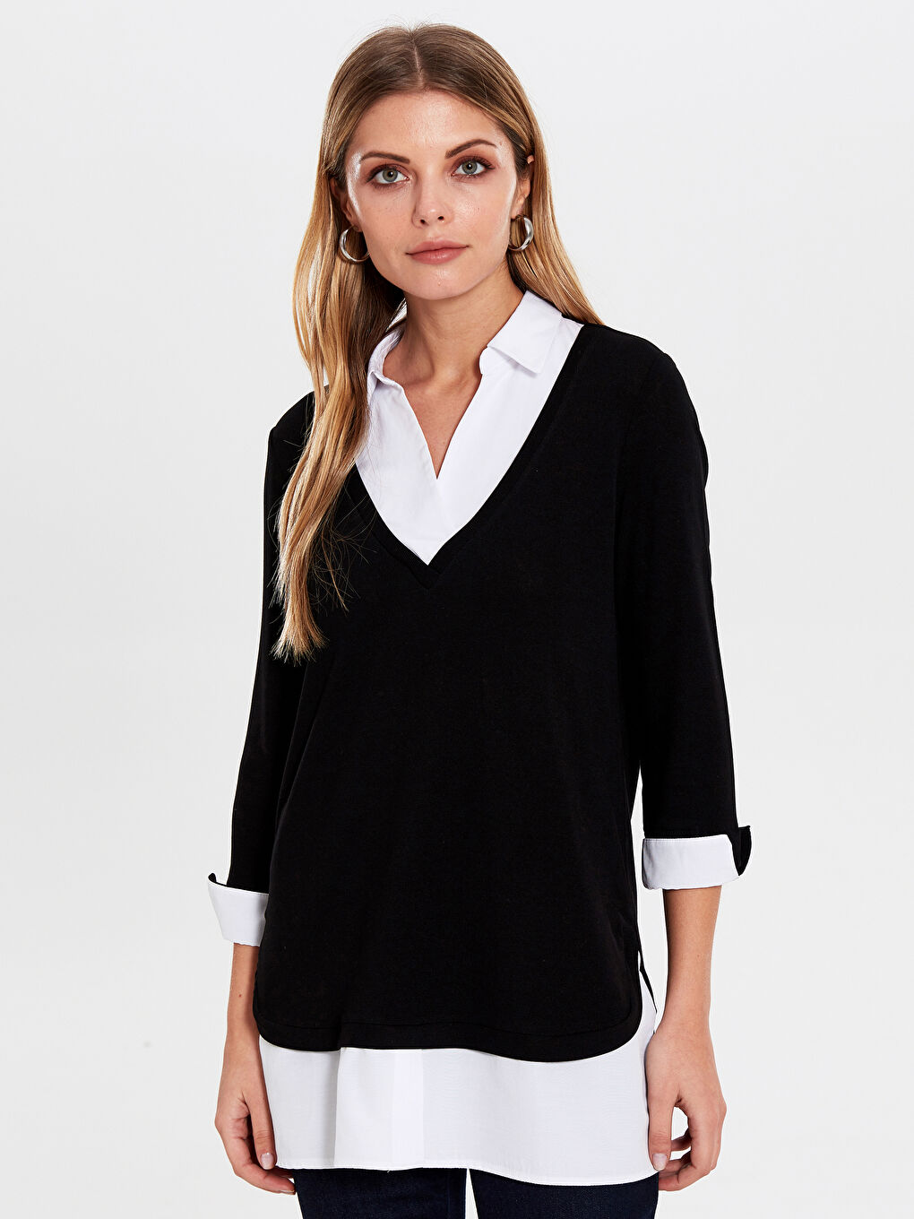 Siyah Gömlek Yaka Uzun Kollu Kadın Tişört