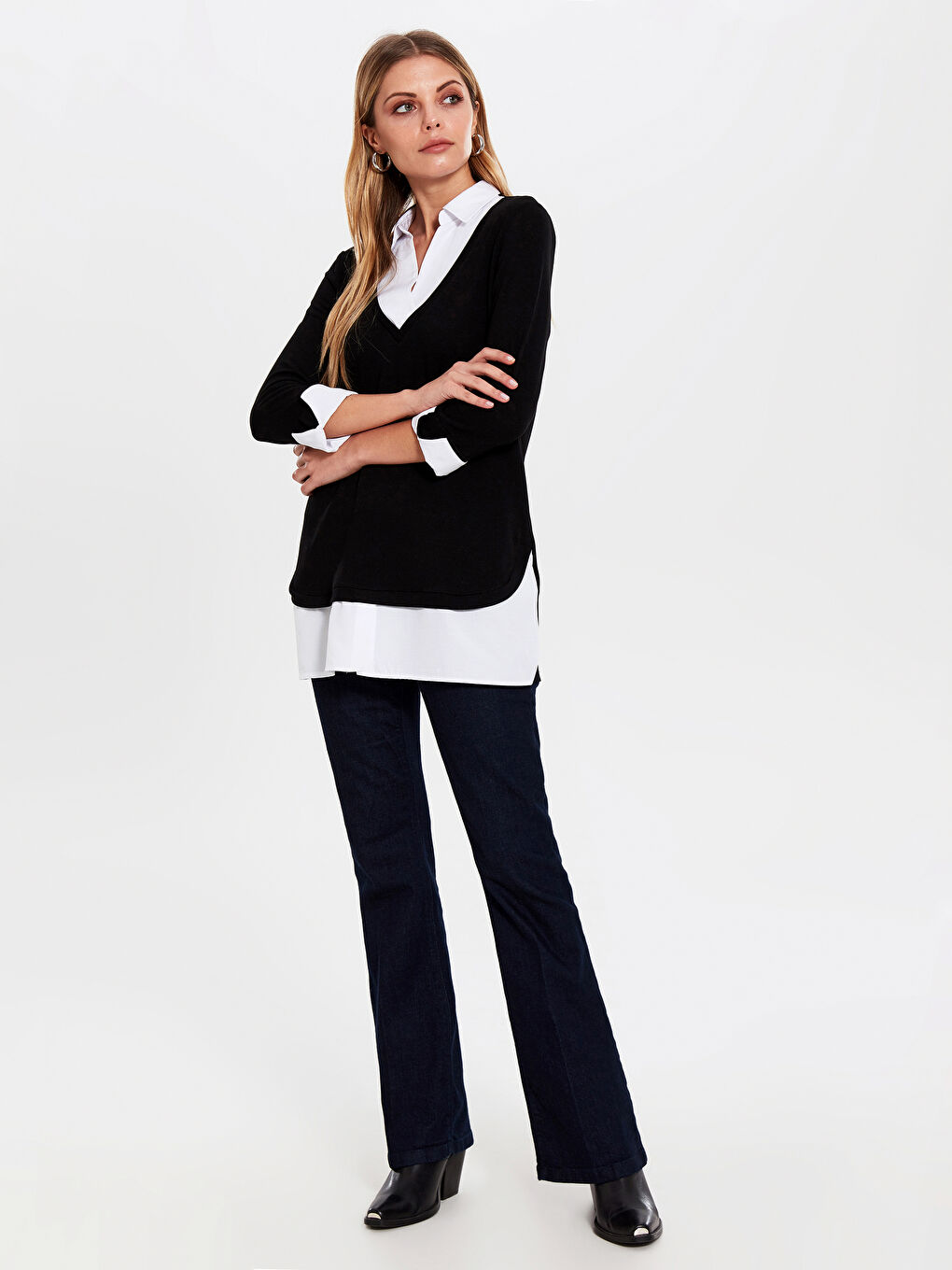 Siyah Gömlek Yaka Uzun Kollu Kadın Tişört-2