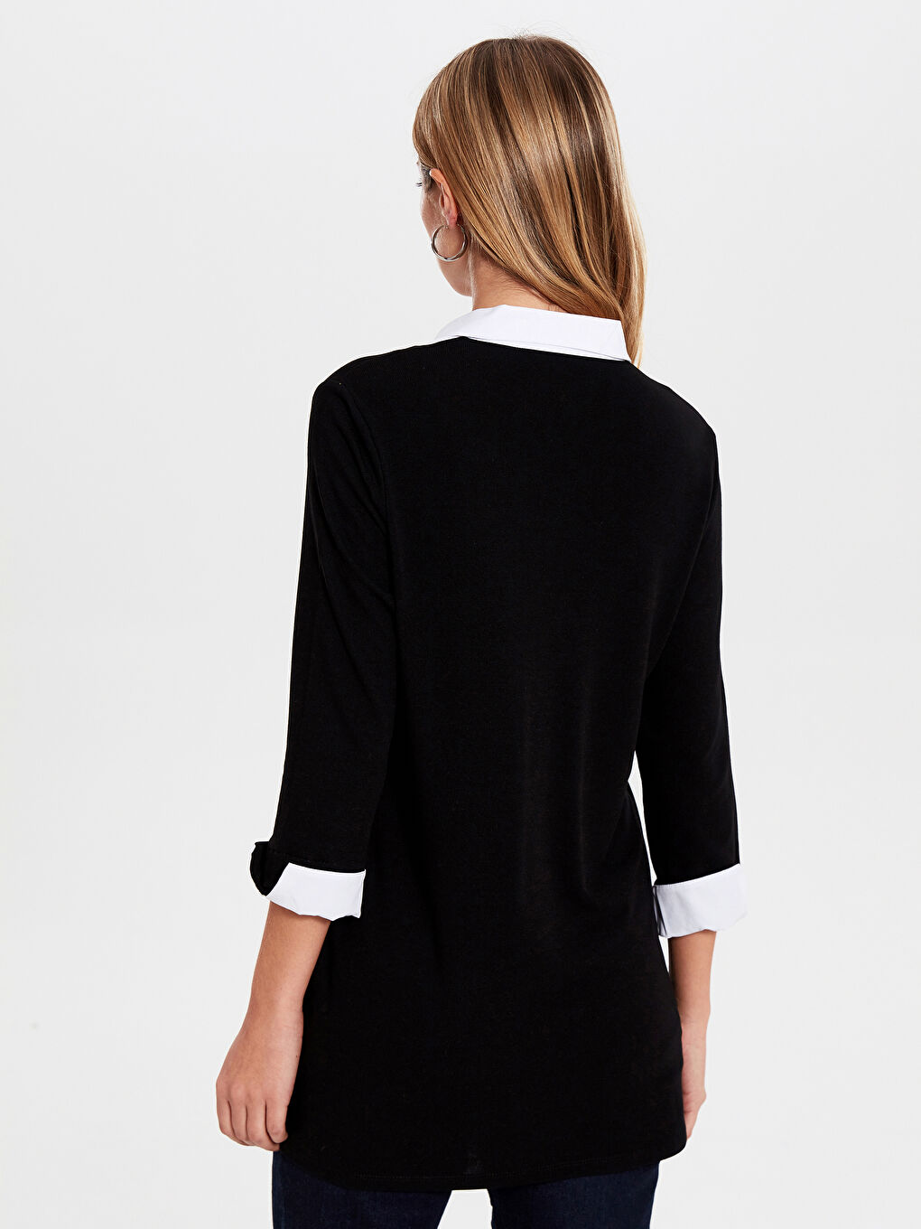 Siyah Gömlek Yaka Uzun Kollu Kadın Tişört-3