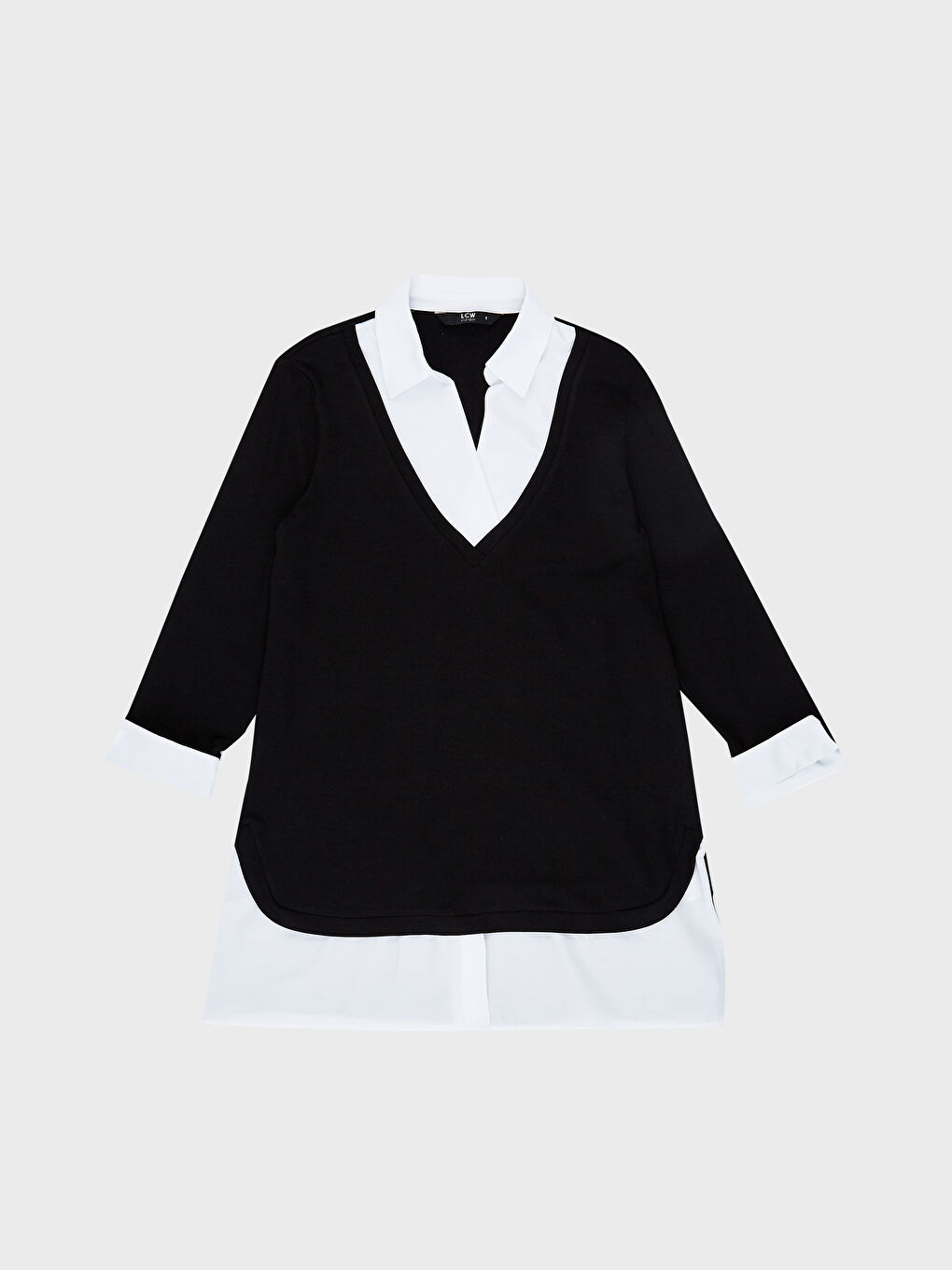 Siyah Gömlek Yaka Uzun Kollu Kadın Tişört-1