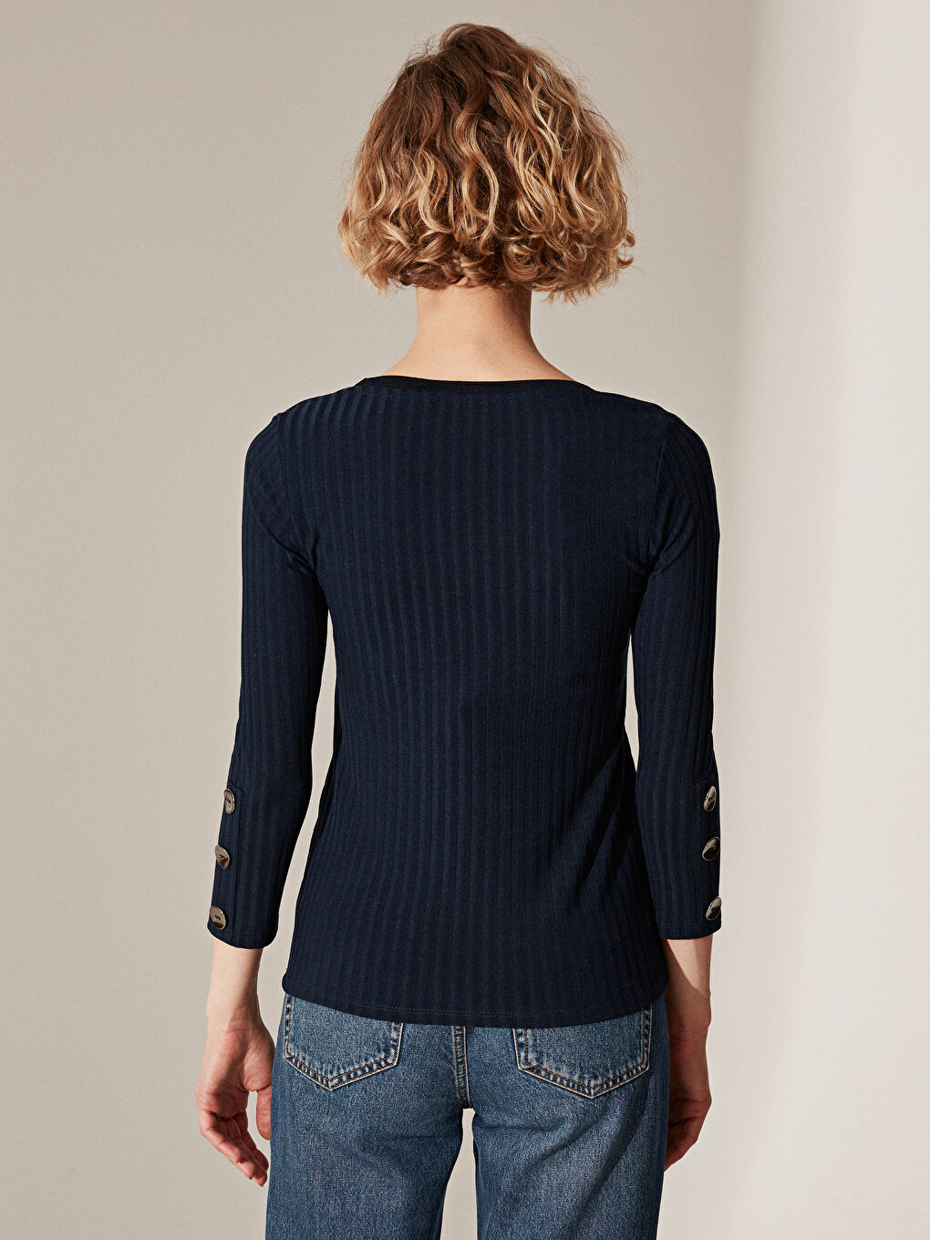 Lacivert U Yaka Kadın Tişört-4