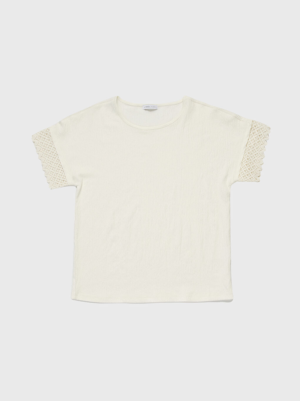 Ekru Bisiklet Yaka Krep Kadın Tişört-1