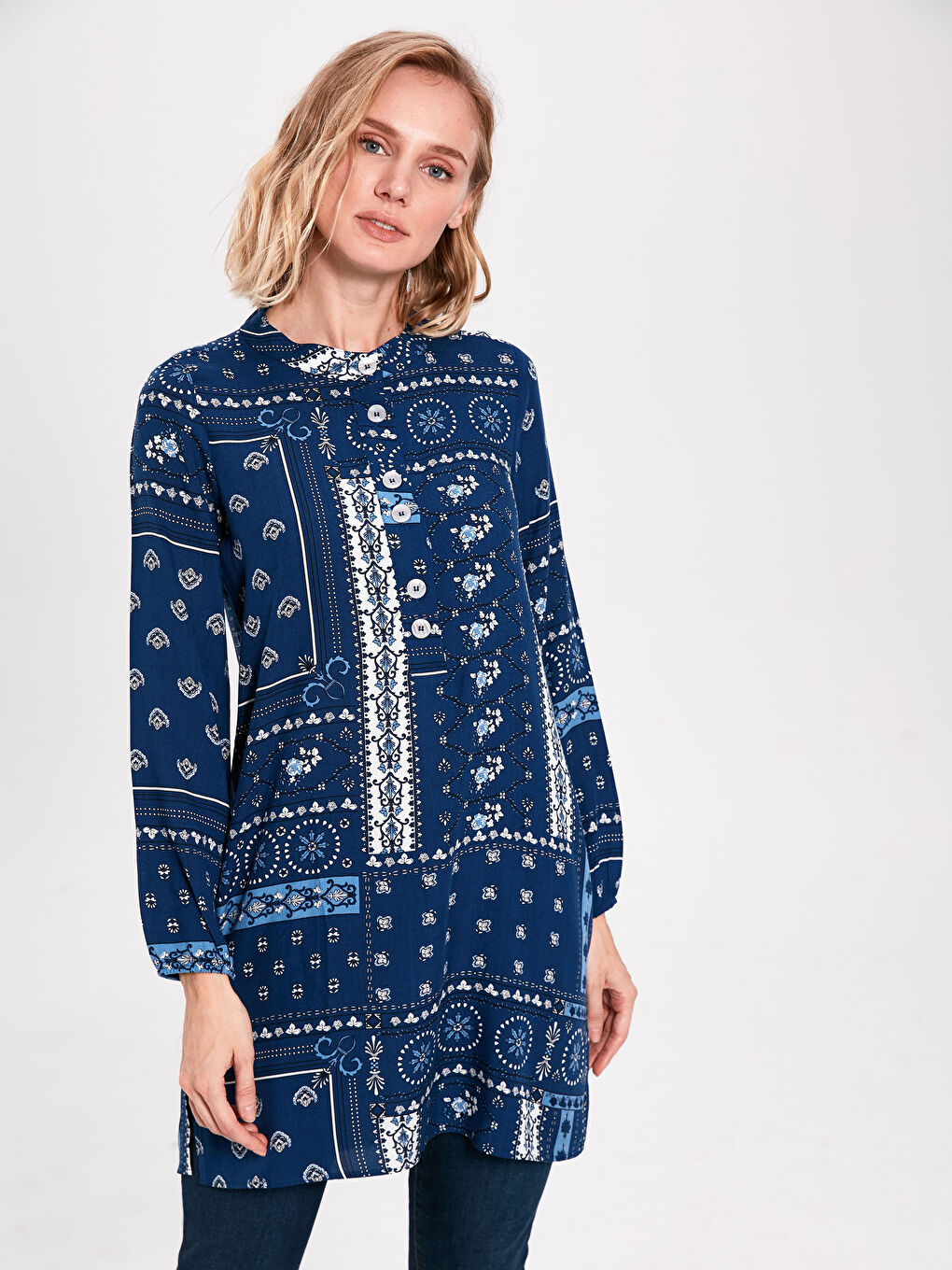 Mavi Uzun Kollu Kadın Tunik-2