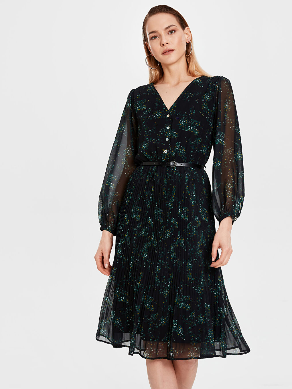 Siyah V Yaka Standart Fit Uzun Kollu Şifon Kadın Elbise-2