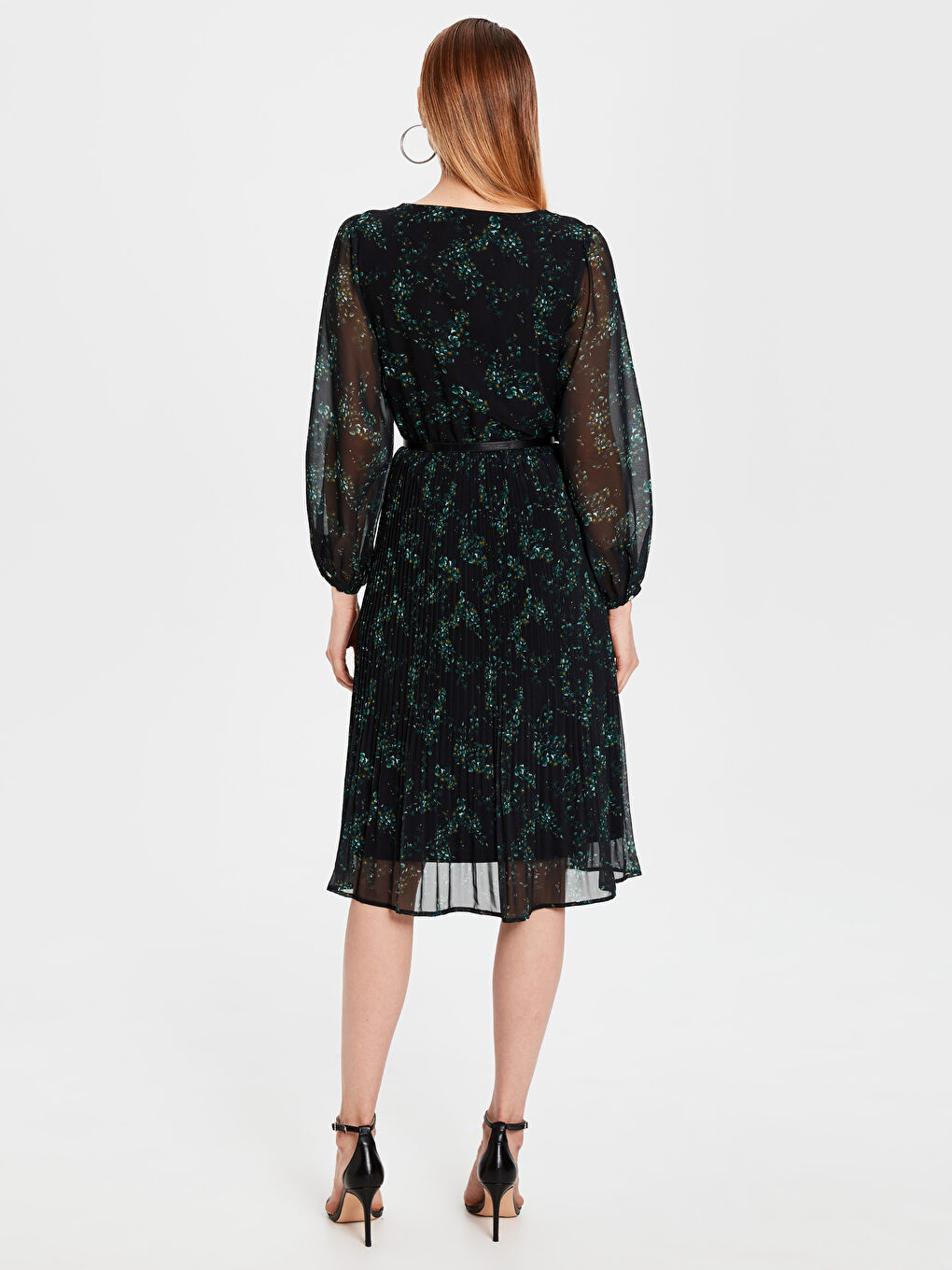 Siyah V Yaka Standart Fit Uzun Kollu Şifon Kadın Elbise-3