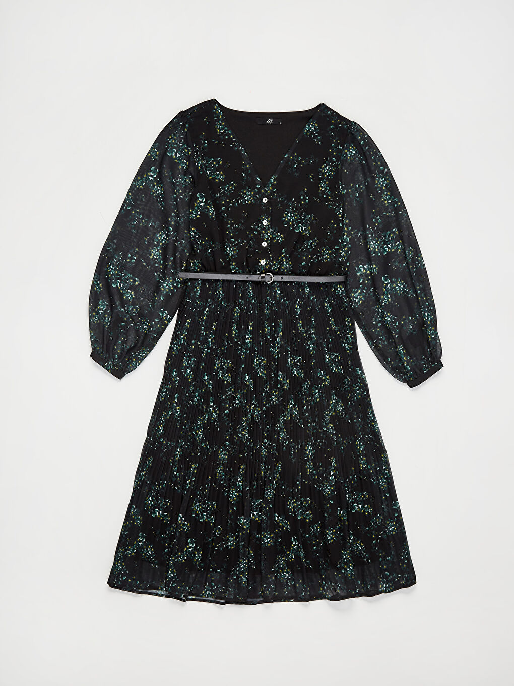 Siyah V Yaka Standart Fit Uzun Kollu Şifon Kadın Elbise-1