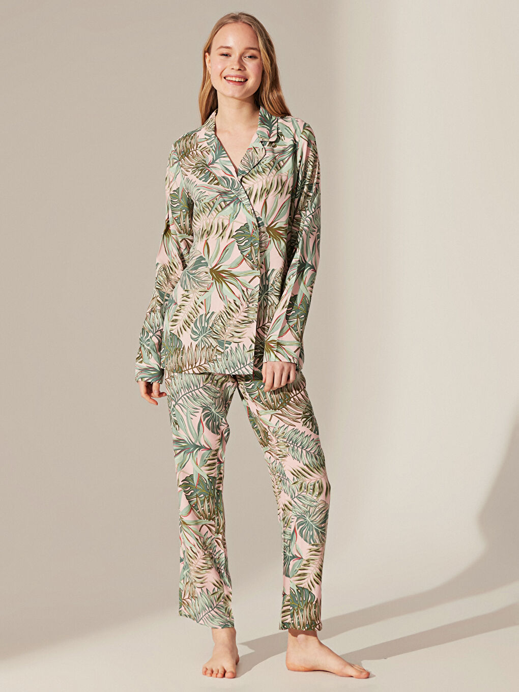 Yeşil Gömlek Yaka Uzun Kollu Kadın Pijama Takım
