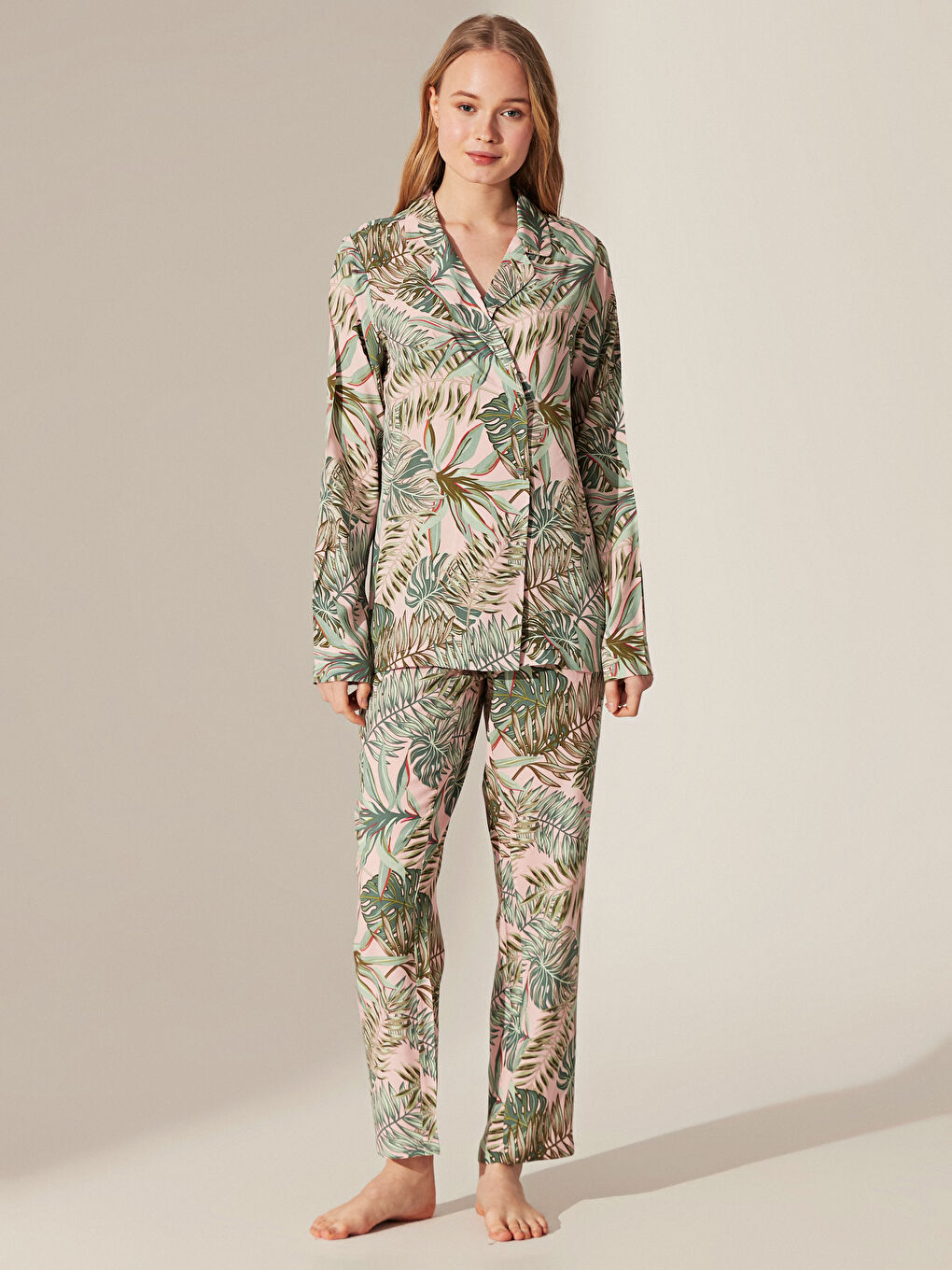 Yeşil Gömlek Yaka Uzun Kollu Kadın Pijama Takım-1