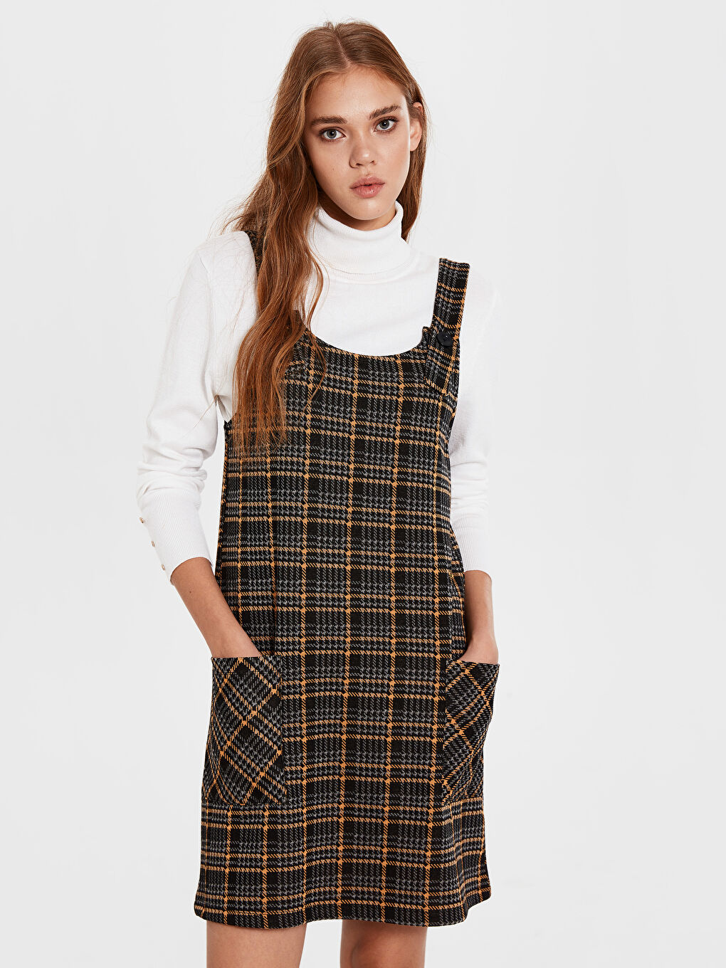 Sarı Standart Fit Askılı Kadın Ekose Salopet Elbise