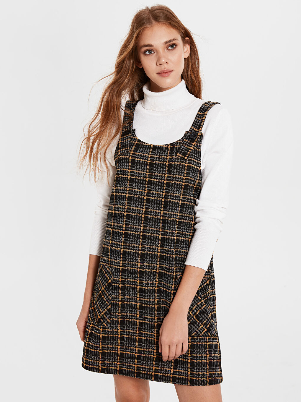 Sarı Standart Fit Askılı Kadın Ekose Salopet Elbise-1