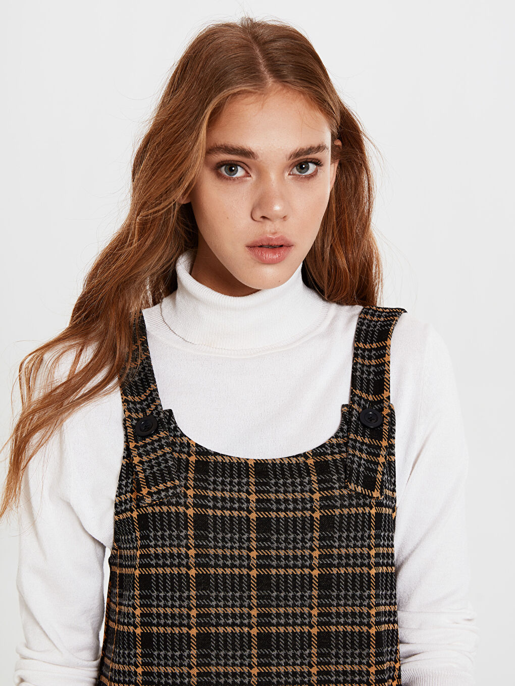 Sarı Standart Fit Askılı Kadın Ekose Salopet Elbise-2