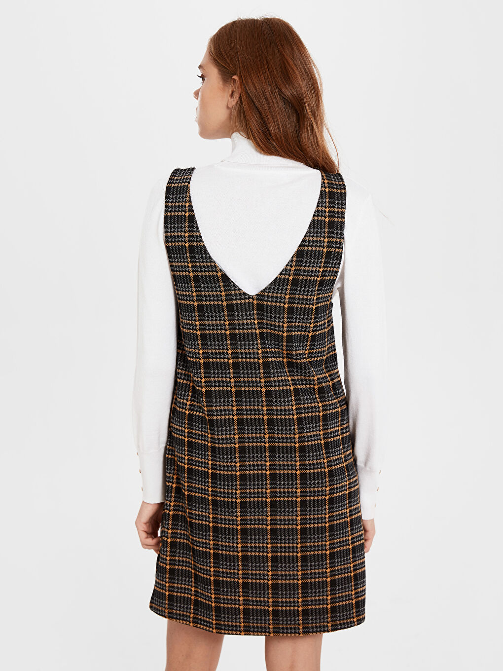 Sarı Standart Fit Askılı Kadın Ekose Salopet Elbise-3