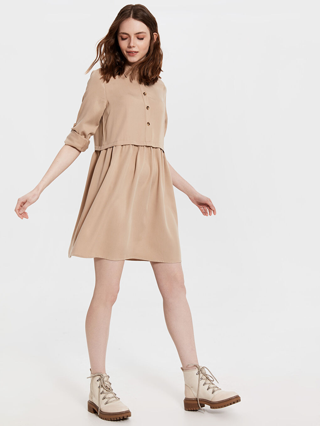 Bej Standart Fit Uzun Kollu Kadın Gömlek Elbise