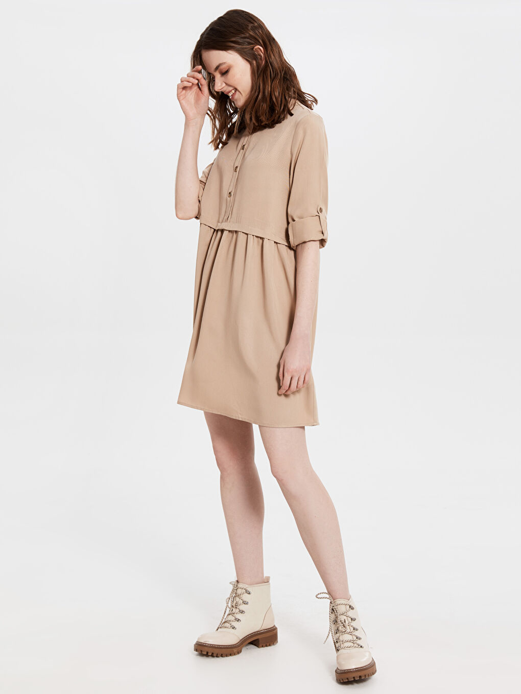 Bej Standart Fit Uzun Kollu Kadın Gömlek Elbise-1