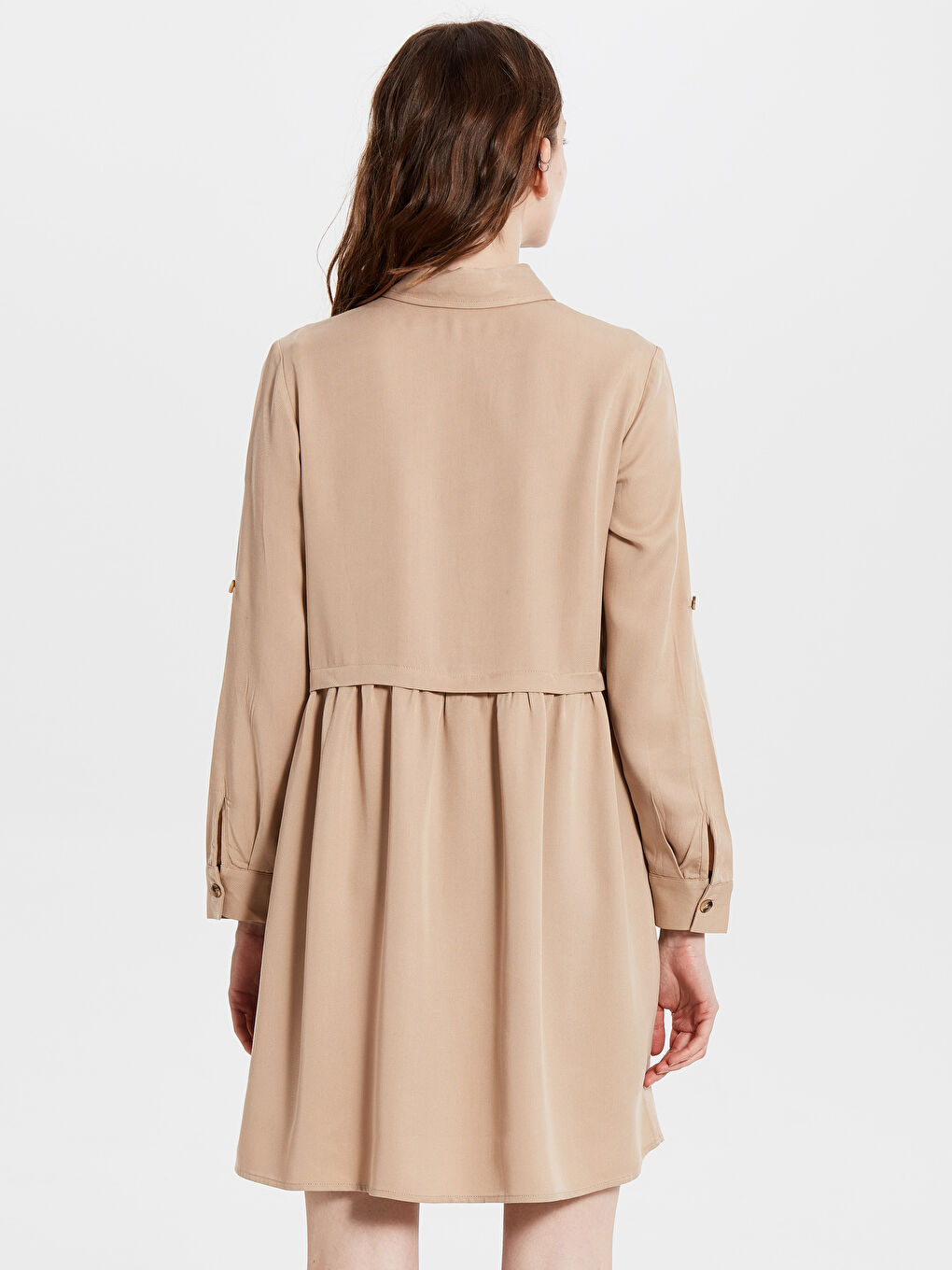 Bej Standart Fit Uzun Kollu Kadın Gömlek Elbise-2