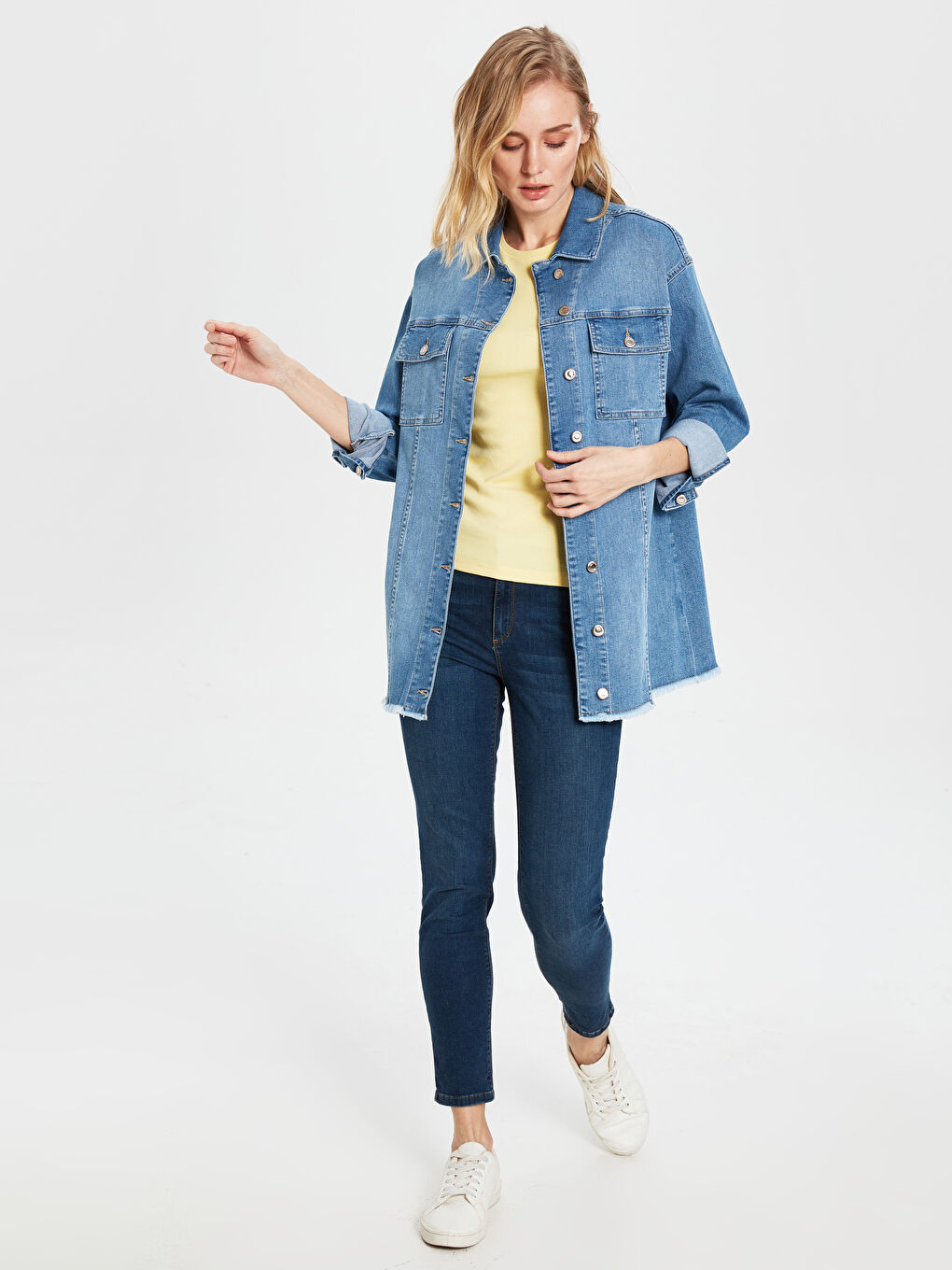 İndigo Uzun Kollu Kadın Jean Ceket-3