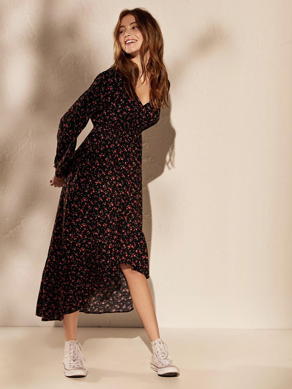 Siyah Rahat Kalıp Uzun Kollu Kadın Elbise-1