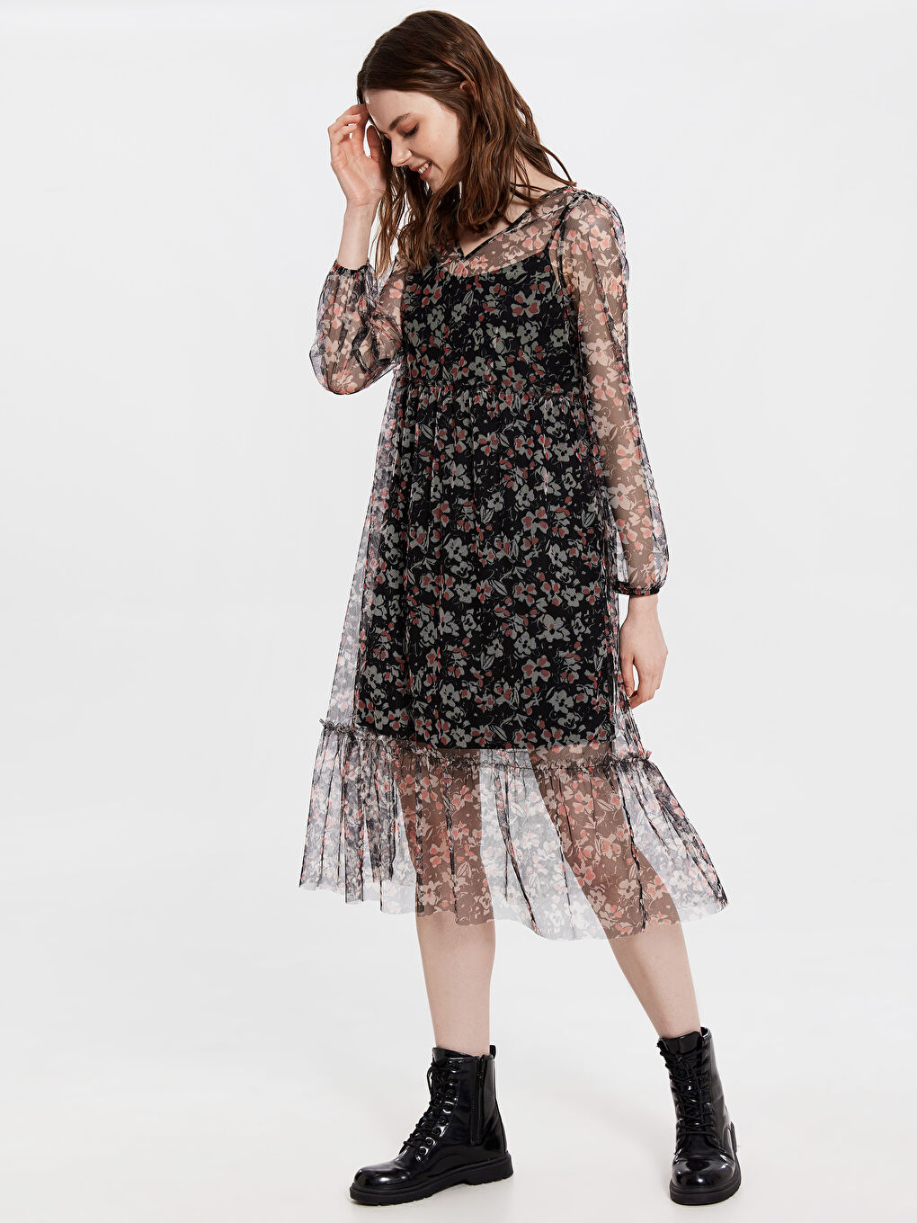 Siyah Standart Fit Dantel Kadın Elbise-1