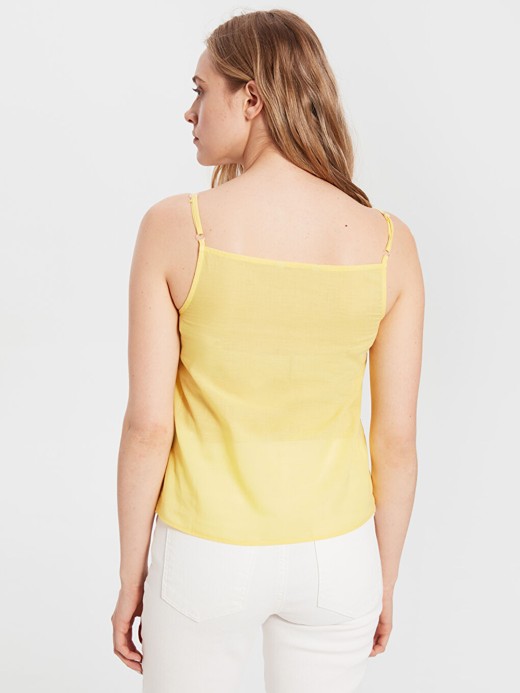 Sarı V Yaka Standart Fit Askılı Poplin Kadın Fistolu Poplin Bluz-3