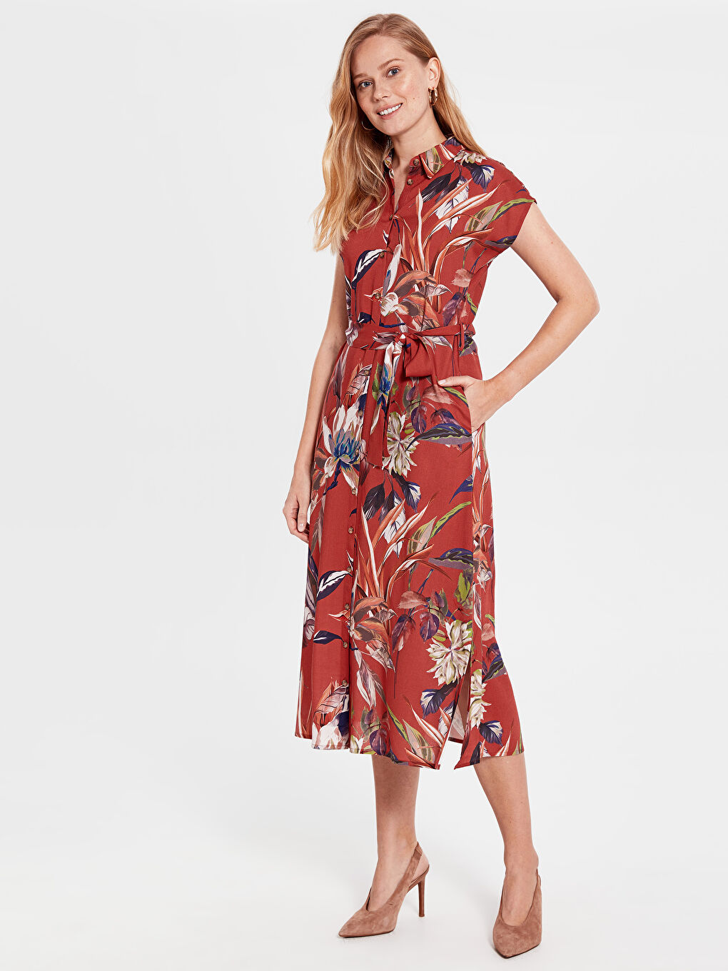 Kırmızı Kuşaklı Desenli Gömlek Gömlek Elbise-1