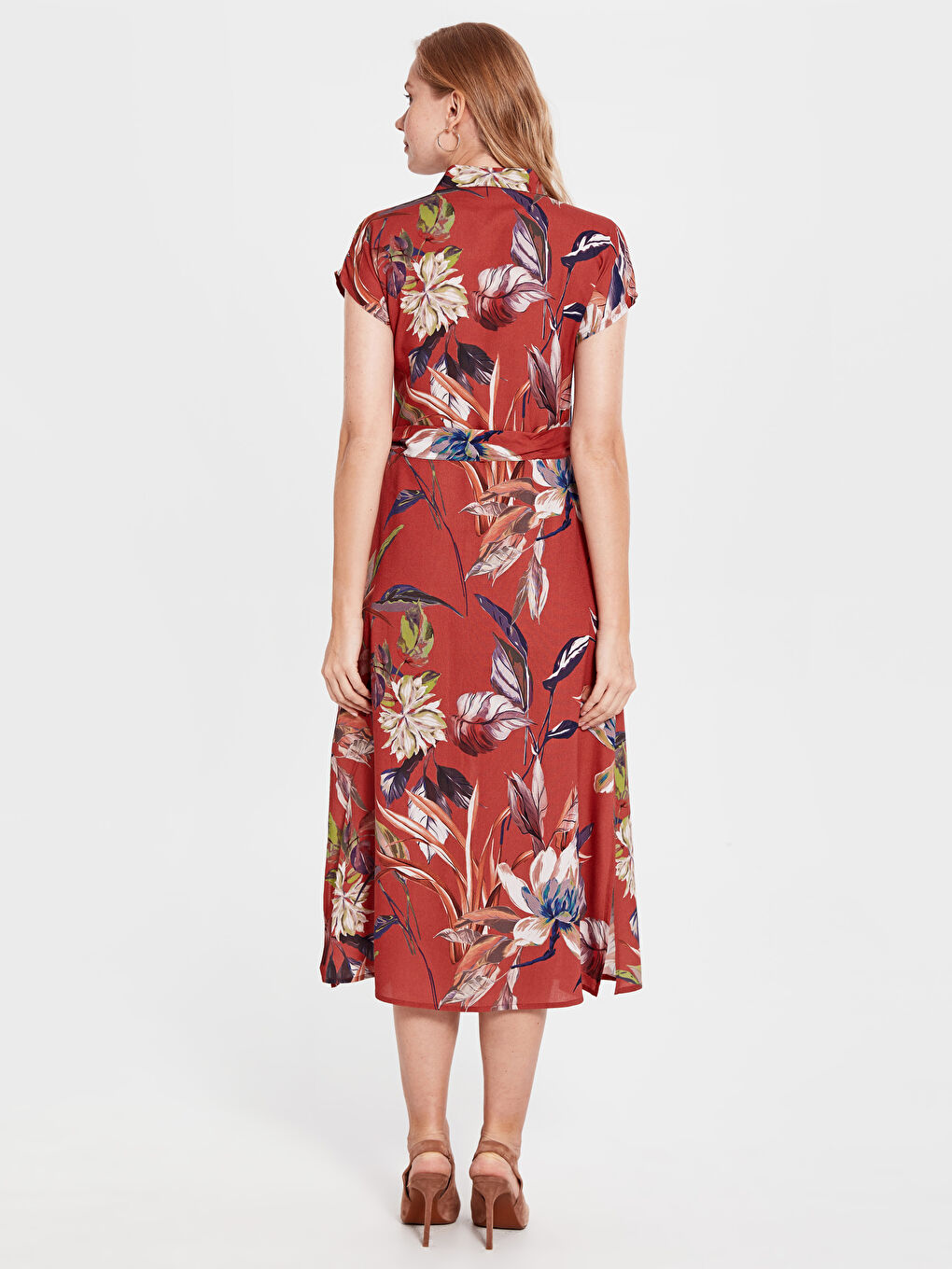 Kırmızı Kuşaklı Desenli Gömlek Gömlek Elbise-2