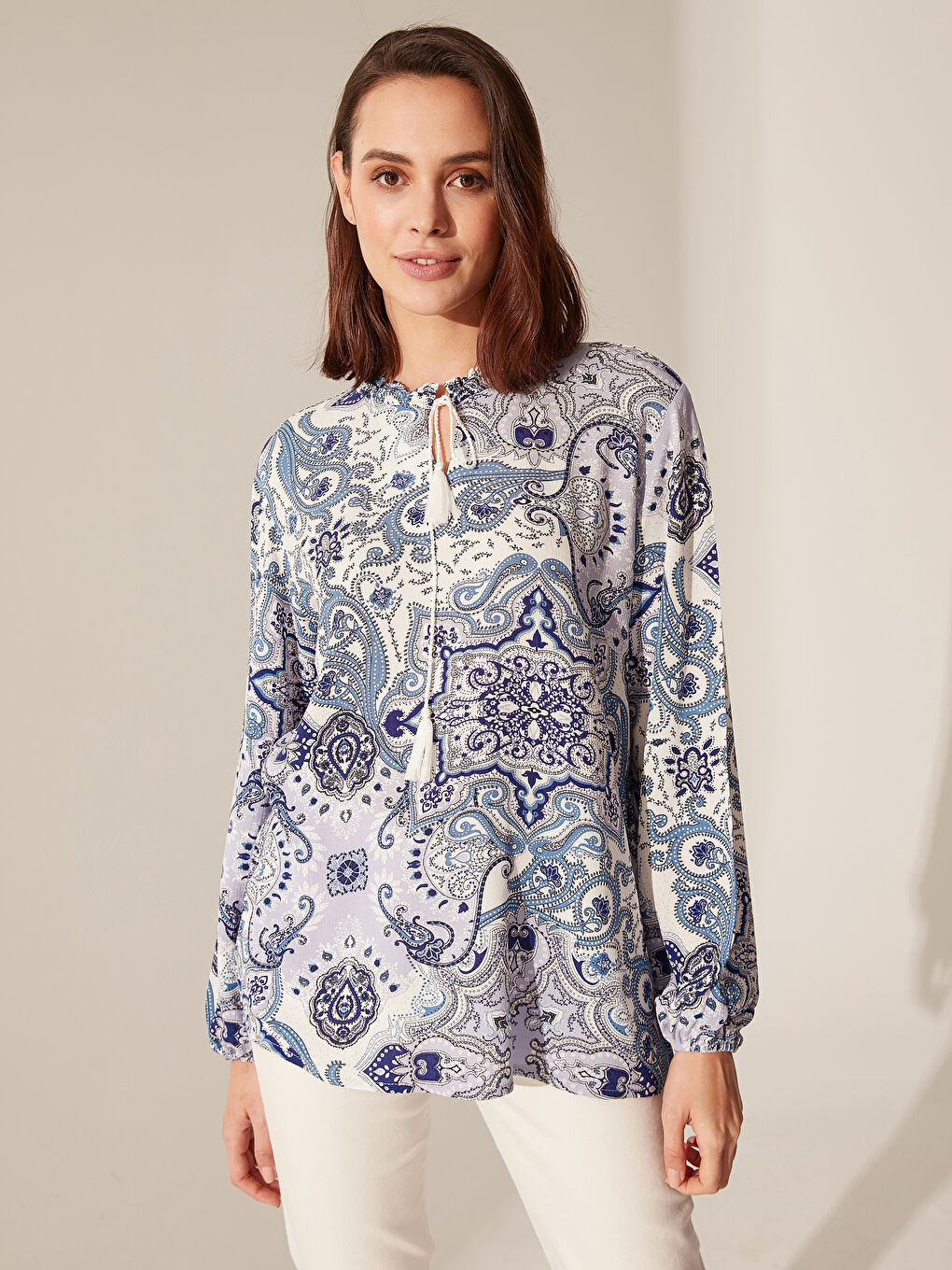 Neck Detailed and Figured Viscose Blouse-1